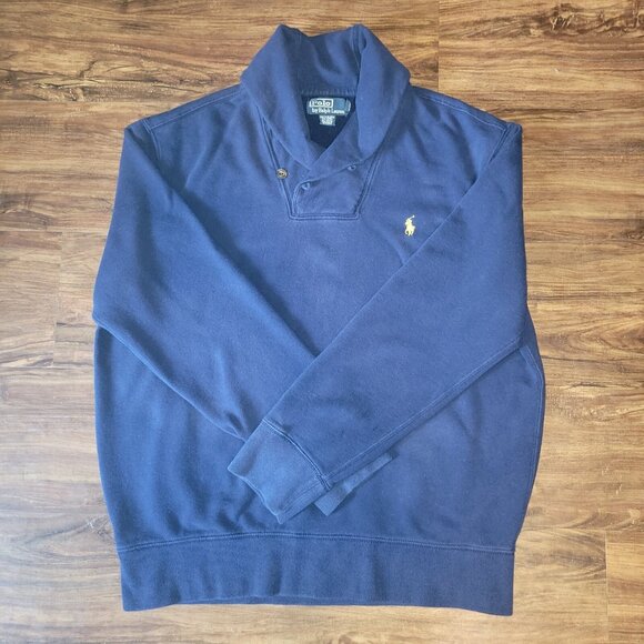 Polo Ralph Lauren Sweater Mens XL Navy Blue LS Shawl Collar Pullover FLAW - Picture 4 of 16